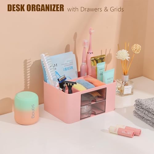 HOME CUBE Plastic Desk Organizer With Drawer Desktop Office Stationery Storage Box Desk Accessories Mobile Holder Table Organiser Study Table Office Table Desk Organizer (Pink) - Image 2