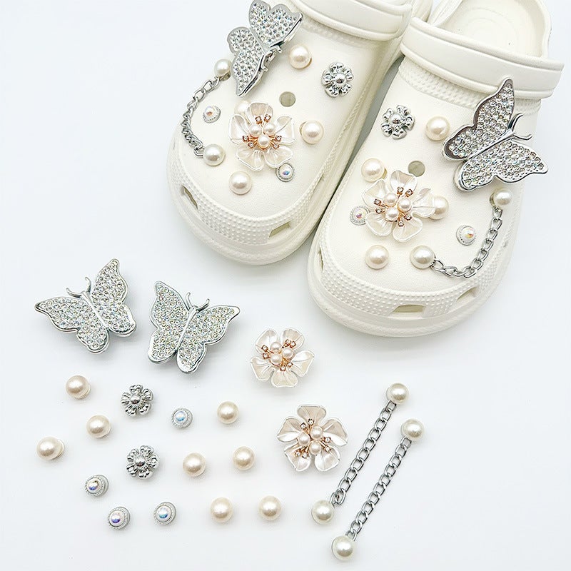 Silver Butterfly Pearl Five-Leaf Flower [20 Pieces with Buckles #No Shoes Included]