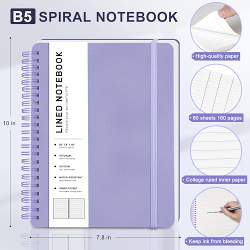 ABERLLS Lined Spiral Journal Notebook with 160 Pages, 7.8×10in, B5 Spiral Notebook, Journaling Notebooks for Work, School, Women, Men, College Ruled Spiral Notebook, Hardcover Leather Journals, Purple - Image 2