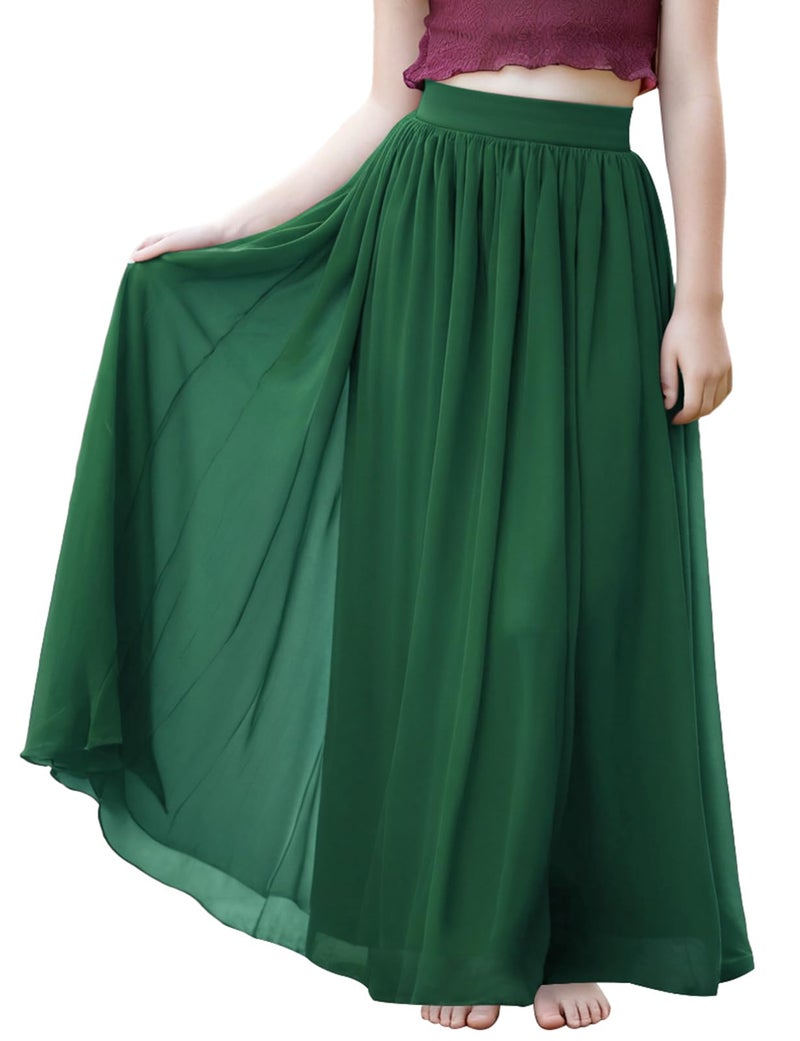 Noomelfish Noomlfish Kids Chiffon Pleated Long Skirts Boho Maxi Party Flower Girl Dress, Dark Green, Size 9-10 Years - Image 1