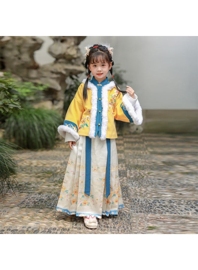 Anneyol Anneyol Children's Hanfu New Year's Costume Girls Ming Dynasty Horse Face Skirt Thickened Ancient Chinese Style Tang Costume Yellow 120  - Image 4
