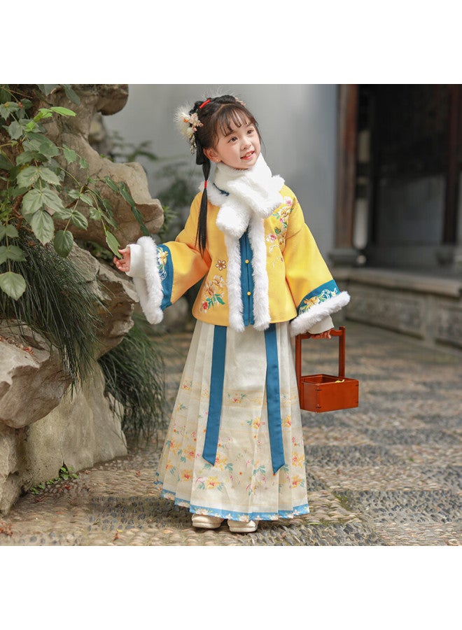 Anneyol Anneyol Children's Hanfu New Year's Costume Girls Ming Dynasty Horse Face Skirt Thickened Ancient Chinese Style Tang Costume Yellow 120  - Image 2