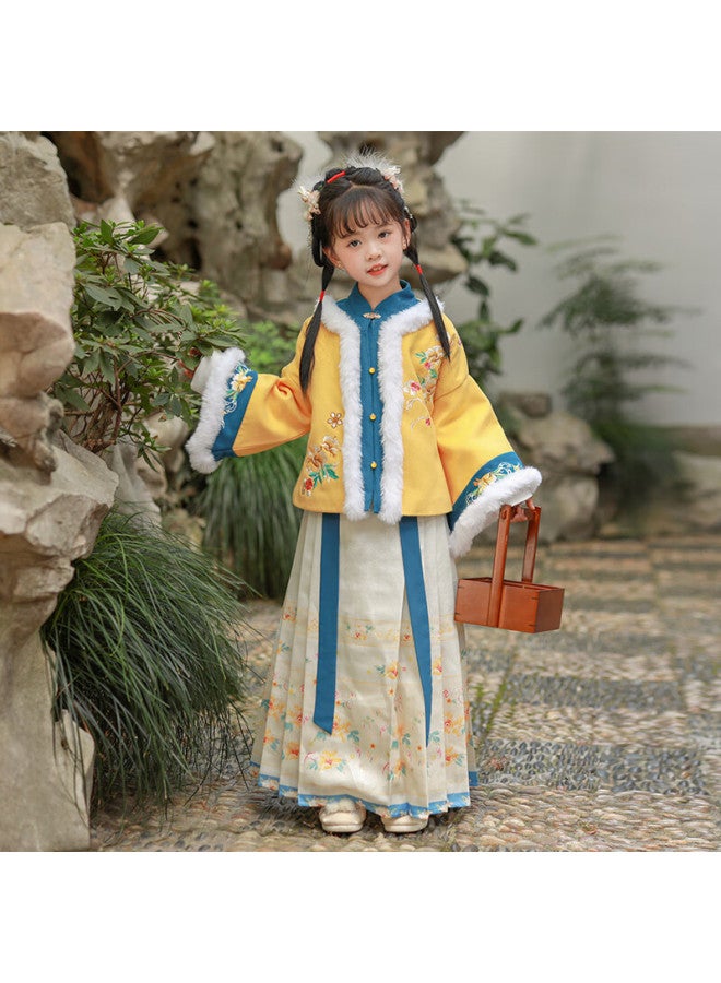 Anneyol Anneyol Children's Hanfu New Year's Costume Girls Ming Dynasty Horse Face Skirt Thickened Ancient Chinese Style Tang Costume Yellow 120  - Image 3