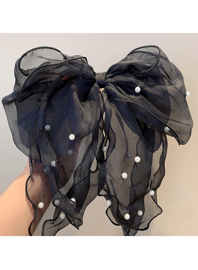 إسكدنيا مشابك شعر على شكل فيونكة لؤلؤية مكونة من قطعتين، ربطات شعر كبيرة للنساء، إكسسوارات شعر جمالية على شكل فيونكة معدنية (أسود + بيج) - Image 4