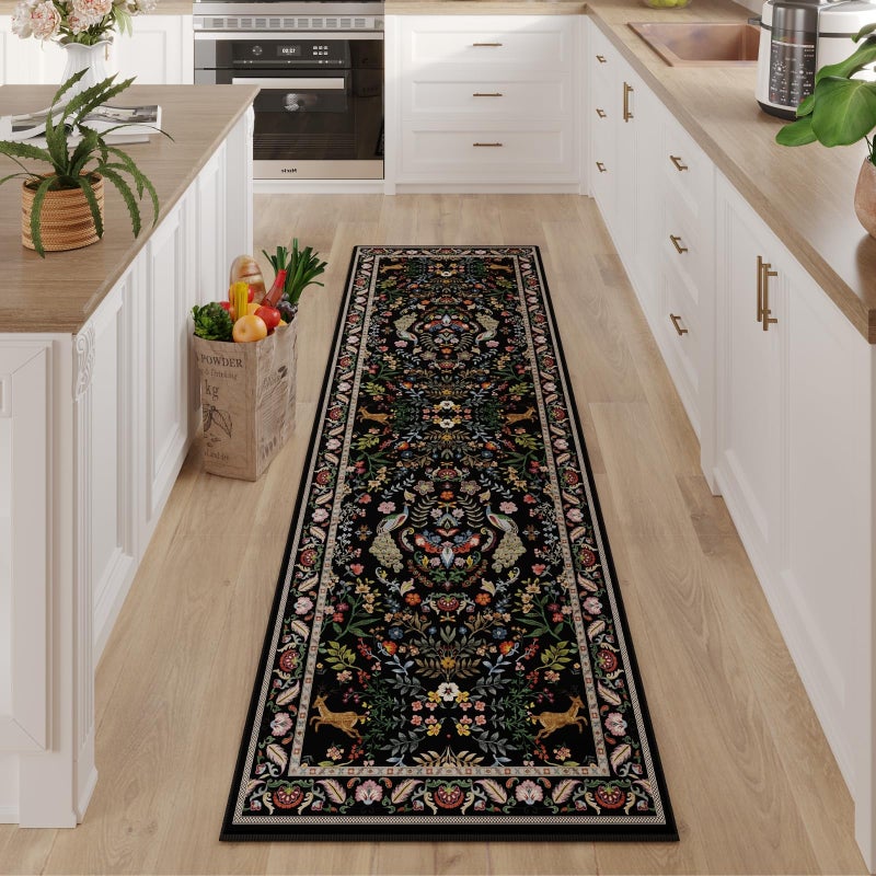 Rugcomf Runner Rug Washable Kitchen Runner 2'x6' Rug Floral Non-Slip for Entryway Indoor Soft Carpet for Hallways, Kitchen, Laundry, Bedroom, Bathroom (Vibrant Black) - Image 3