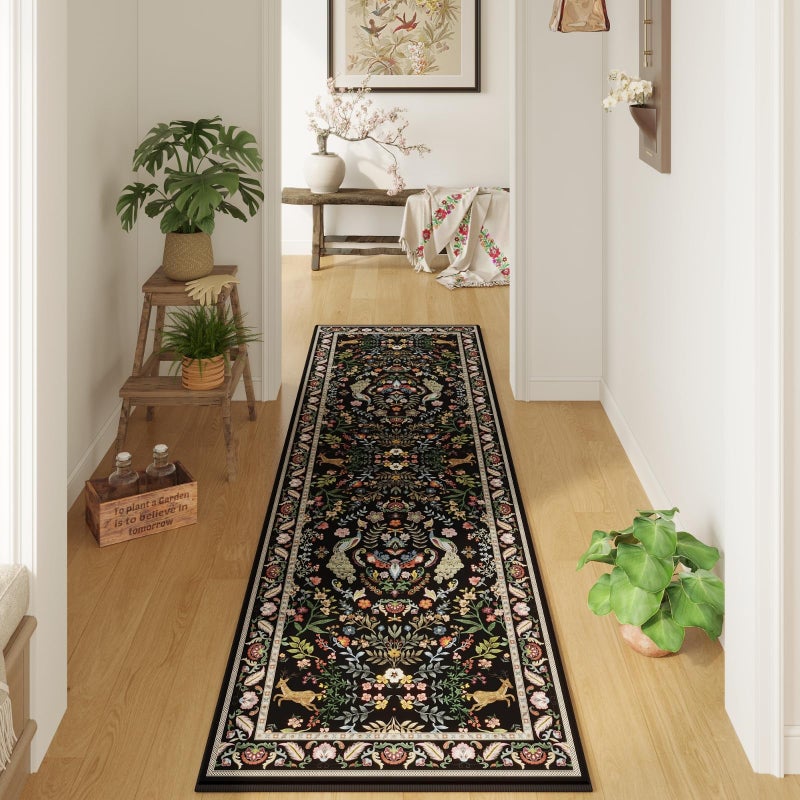 Rugcomf Runner Rug Washable Kitchen Runner 2'x6' Rug Floral Non-Slip for Entryway Indoor Soft Carpet for Hallways, Kitchen, Laundry, Bedroom, Bathroom (Vibrant Black) - Image 1
