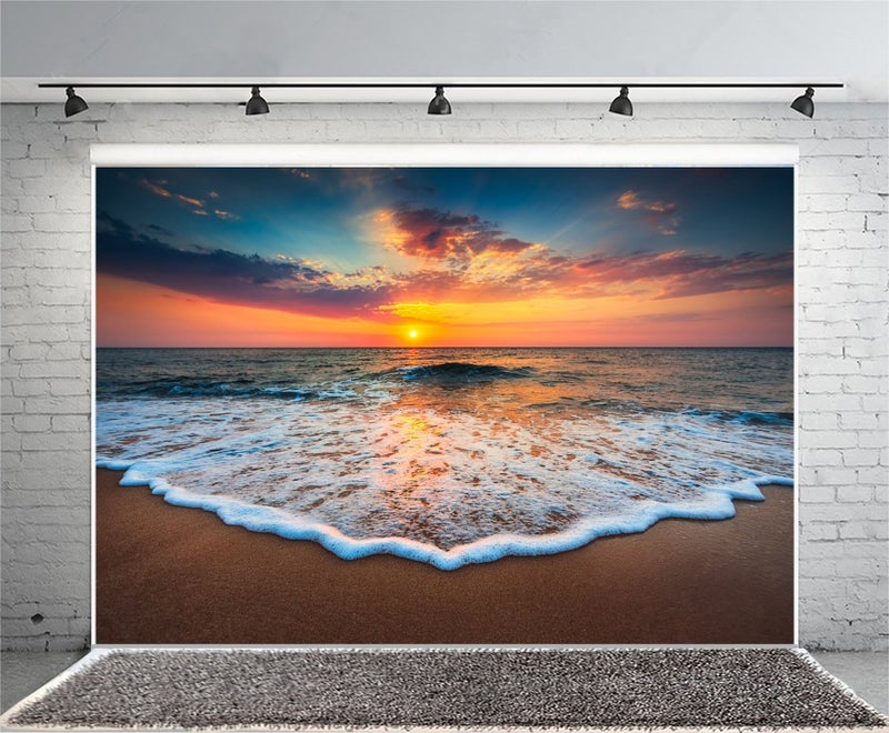 Leyiyi 8x6ft Photography Background Seaside Sunset Backdrop Wedding Ceremony Hawaiian Luau Party Hula Ocean Wave Foam Beach Sand Honeymoon Travel Summer Banquet Baby Photo Portrait Vinyl Studio Prop