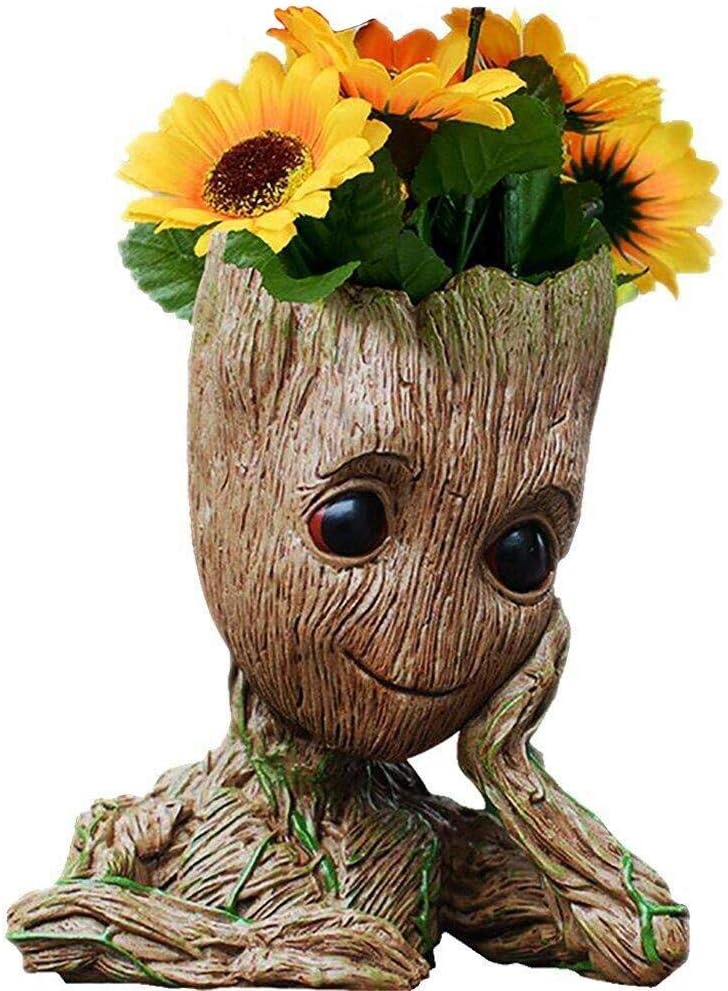 ZUSONUD Baby Groot Pen Pot Tree Man Pens Holder or Flower Pot with Drainage Hole Perfect for a Tiny Succulents Plants 6" (Grayish Brown) - Image 1