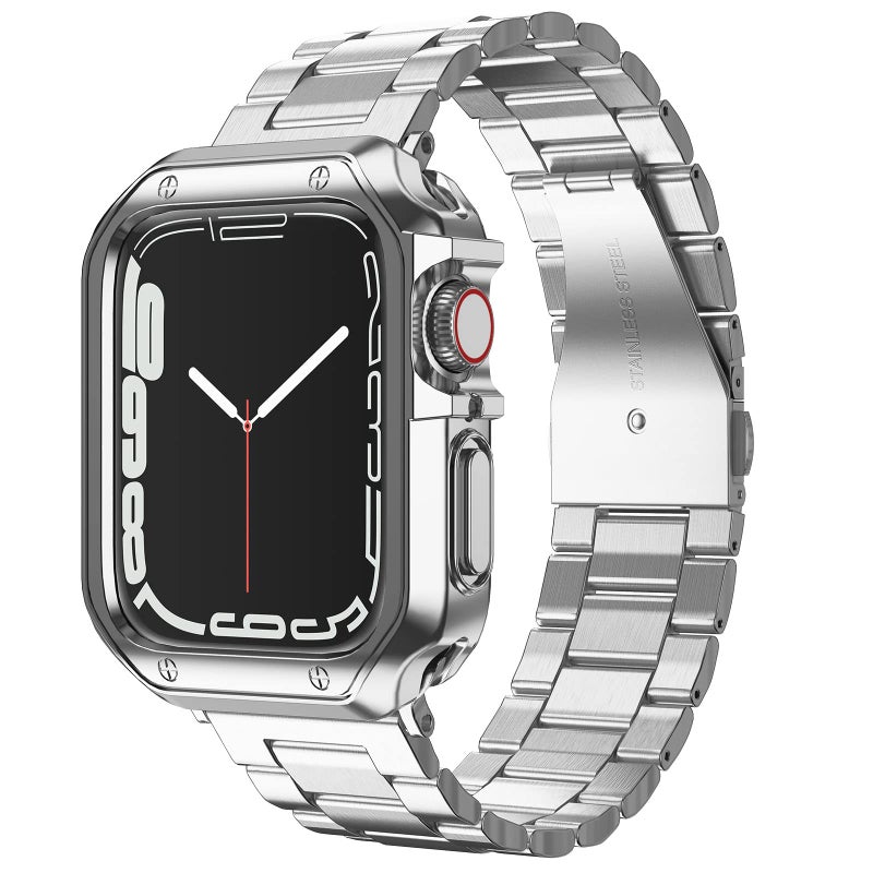 MRYUESG Compatible with Apple Watch Band and Case, Stainless Steel Metal Chain with Soft TPU Cover, Smart-Watch Link Bracelet Strap, Wrist-Band for i-Watch Series 9 8 7 6 5 4 3 2 1 SE, 45mm 44mm 42mm, Silver - Image 1
