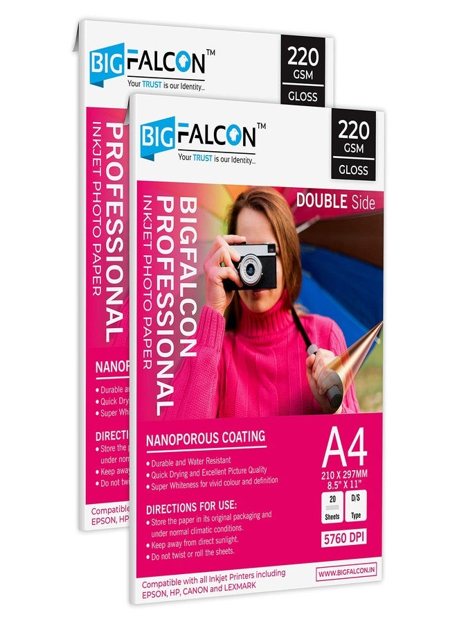 BIGFALCON Professional A4 (8.5x11 inch) 220 GSM Double Sided Glossy Inkjet Photo Paper Premium Dual Sided Printing for Stunning Photos (Set of 2-40 Sheets) - Image 1