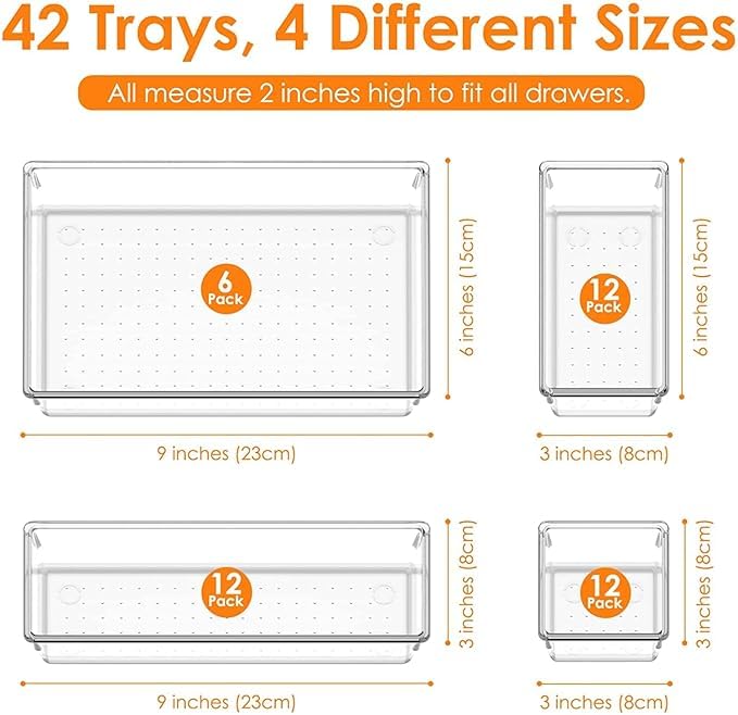 Kaito Transparent MultiPurpose Drawer Organizer Set, 42 Pieces, Storage Bins for Bathroom Kitchen Office, Vanity Trays for Cosmetics Jewellery - Image 3