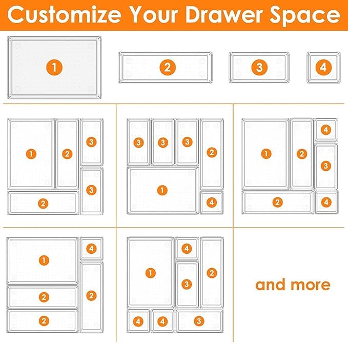 Kaito Transparent MultiPurpose Drawer Organizer Set, 42 Pieces, Storage Bins for Bathroom Kitchen Office, Vanity Trays for Cosmetics Jewellery - Image 5
