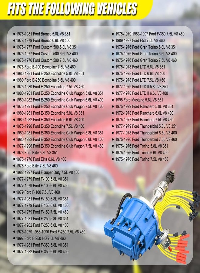 MAS Performance HEI Ignition Distributor w/Cap & Rotor and Spark plug Wire set Compatible with Ford 351C 351M 400 429 460 HEI 65,000 Volt Coil KA-1046013 PE332U JM6506BL 351CBLHEI0(Blue HEI Kit) - Image 3