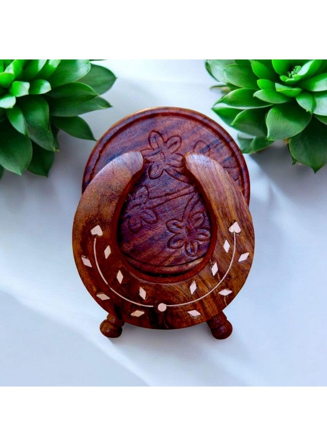 Artisans Bazar طقم كوسترات خشبية على شكل قمر من بازار الحرفيين مع حامل، مصنوعة يدويًا، 8.9 سم، مجموعة من 6، بني - Image 1