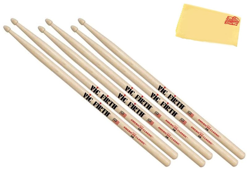 Vic Firth American Classic 5B Wood-Tipped Drumsticks - 3-Pack Bundle with Austin Bazaar Polishing Cloth - Image 1