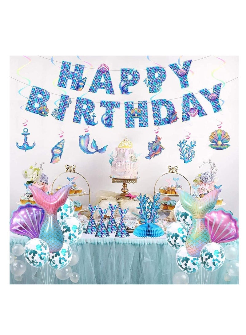 Excefore Mermaid Birthday Party Decorations Set, Mermaid Birthday Party Supplies, Mermaid Birthday Banner, Mermaid Tail Hats Balloons With Hanging Swirls Birthday Decorations for Children and Adult - Image 2