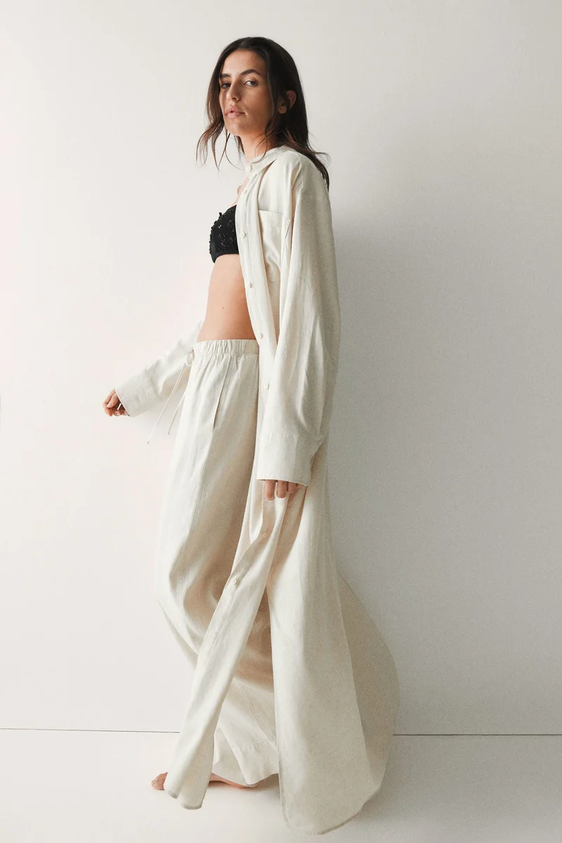 اتش اند ام فستان قميص من مزيج الكتان