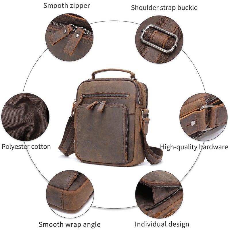 Real Cowhide Genuine Leather Shoulder Bag Vintage Crazy Horse Leather Shoulder Bag Multi-Functional Cowhide Ipad Crossbody Bag - Image 4