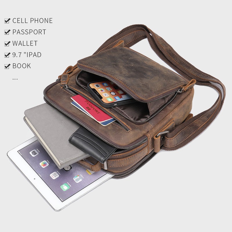 Real Cowhide Genuine Leather Shoulder Bag Vintage Crazy Horse Leather Shoulder Bag Multi-Functional Cowhide Ipad Crossbody Bag - Image 3