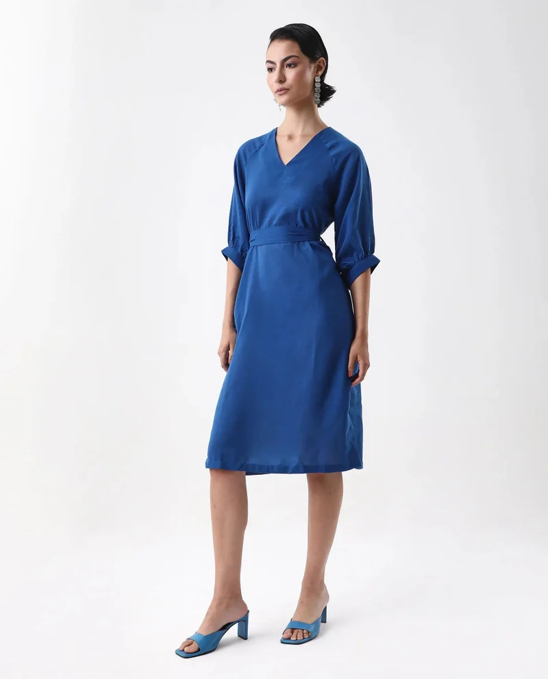 Rareism Women's Linen V-Neck Midi Dress