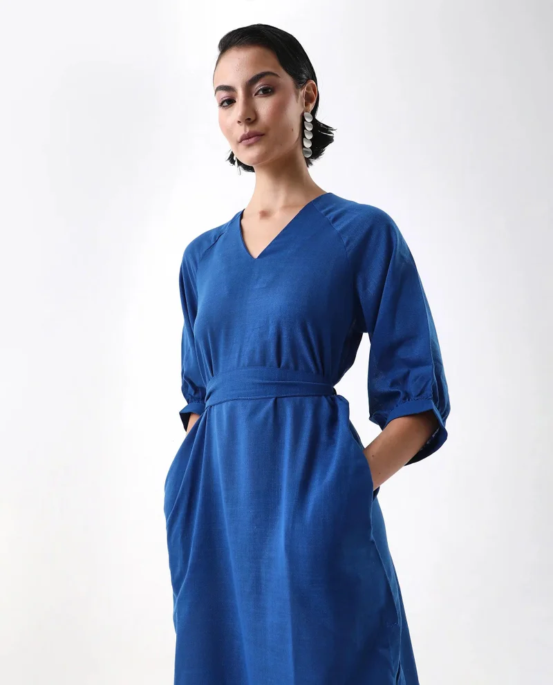 Rareism Women's Linen V-Neck Midi Dress