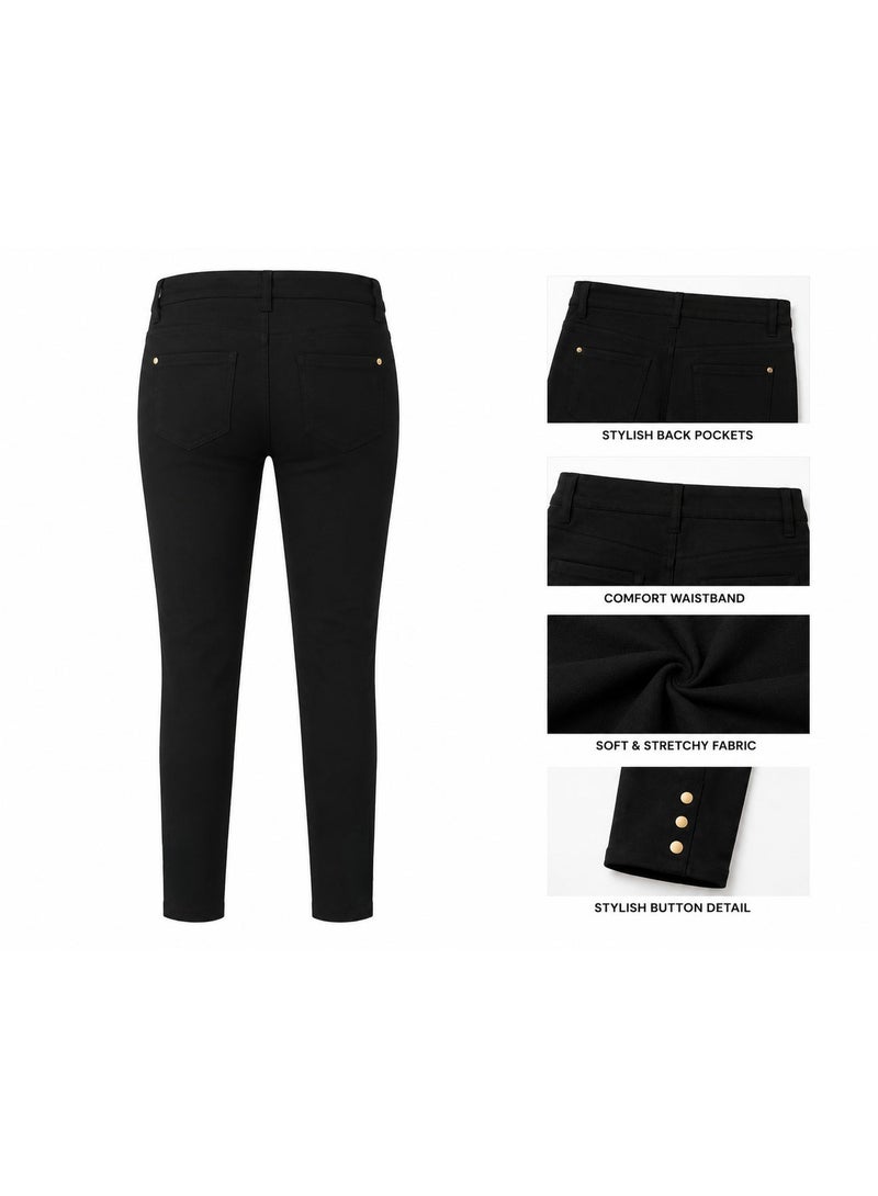 NOVA TECH Women's Slim Fit Stretch High Waist Pants with Button Ankle Detail, Black - Image 2