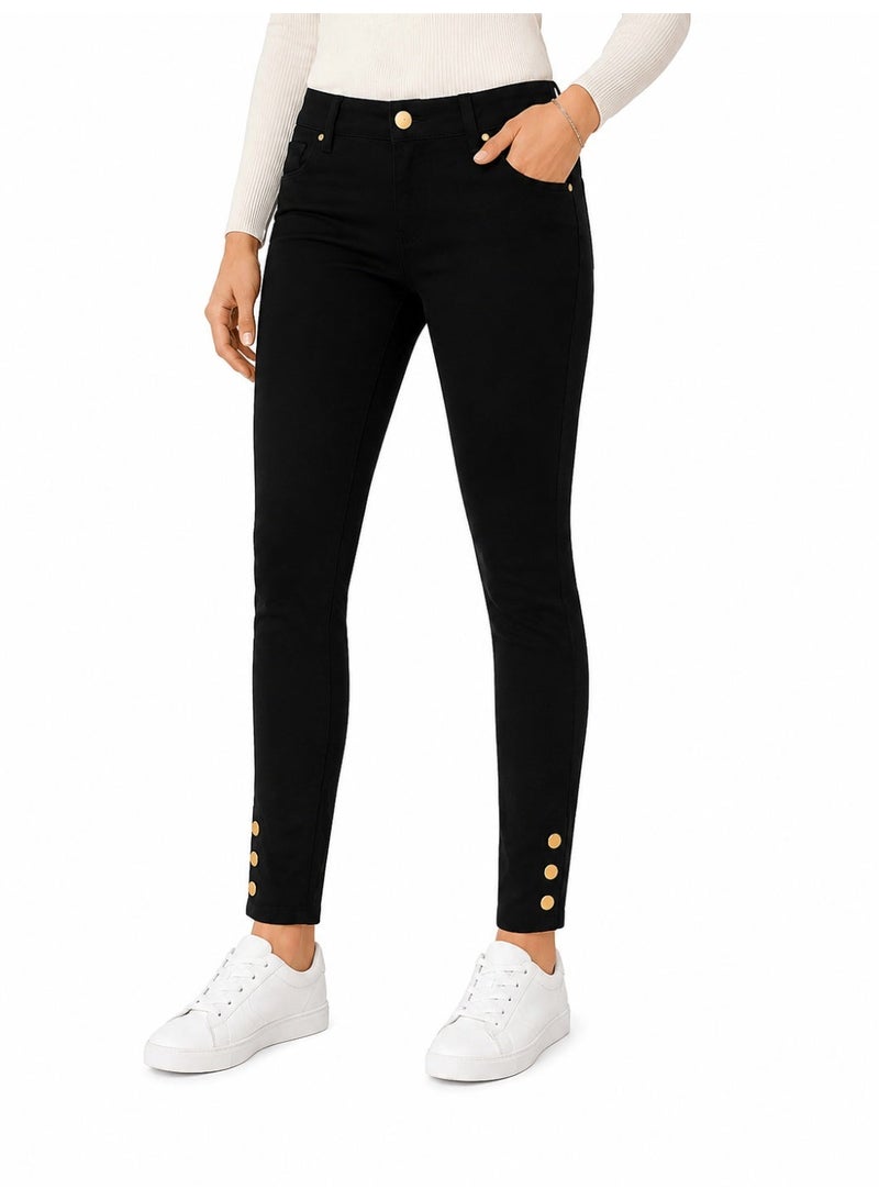 NOVA TECH Women's Slim Fit Stretch High Waist Pants with Button Ankle Detail, Black - Image 1