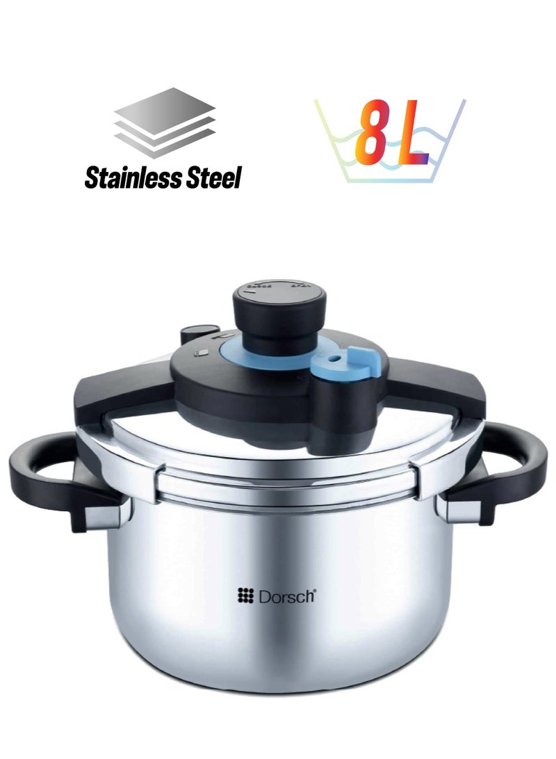 Dorsch 8Liters Danish Design GoPress 18/10 Stainless Steel Pressure Cooker - Induction Compatible, PTFE Free, Dishwasher Safe, Self-Locking Handle, Auto-Pressure Release, Versatile Steamer Basket, Quick Heating, Low & High Pressure Cooking (8 Ltr) Silver - Image 1