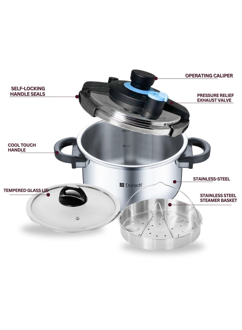 Dorsch 8Liters Danish Design GoPress 18/10 Stainless Steel Pressure Cooker - Induction Compatible, PTFE Free, Dishwasher Safe, Self-Locking Handle, Auto-Pressure Release, Versatile Steamer Basket, Quick Heating, Low & High Pressure Cooking (8 Ltr) Silver - Image 2