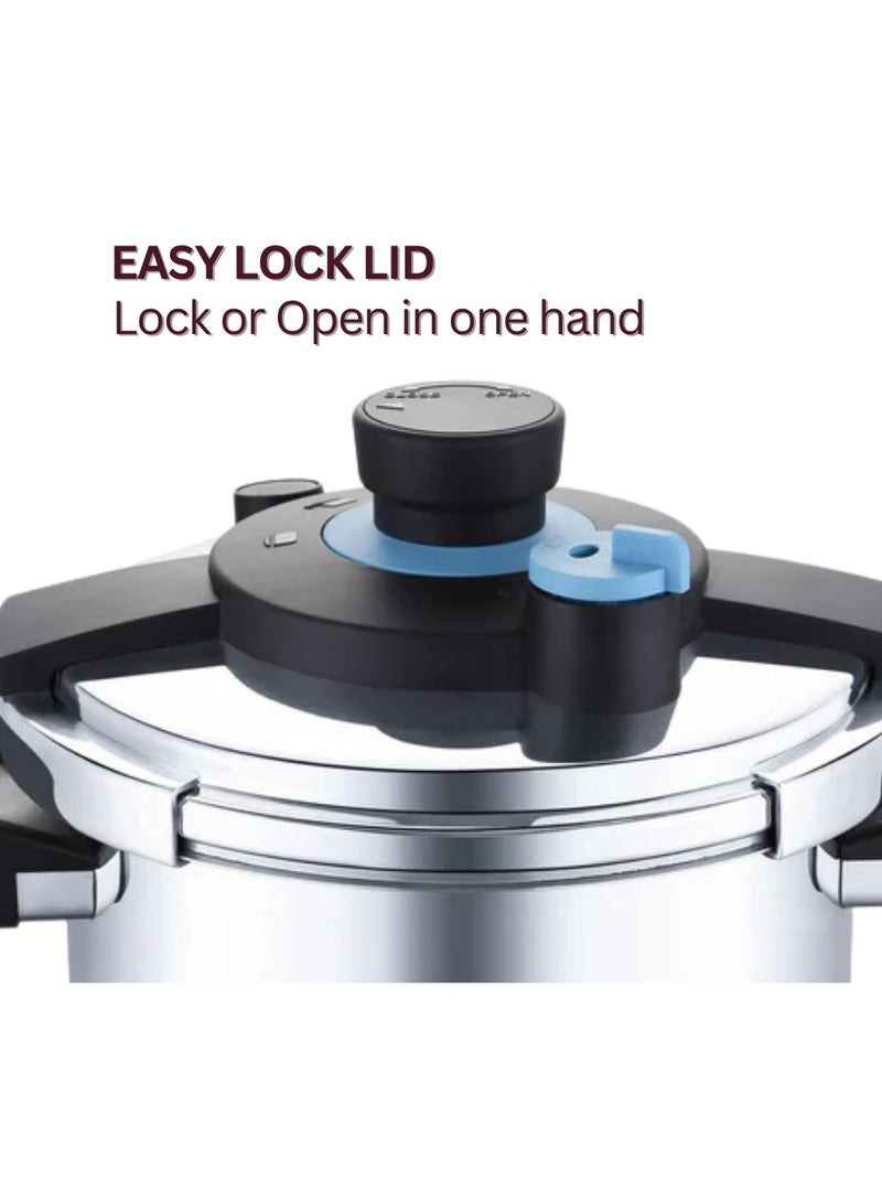 Dorsch 8Liters Danish Design GoPress 18/10 Stainless Steel Pressure Cooker - Induction Compatible, PTFE Free, Dishwasher Safe, Self-Locking Handle, Auto-Pressure Release, Versatile Steamer Basket, Quick Heating, Low & High Pressure Cooking (8 Ltr) Silver - Image 4