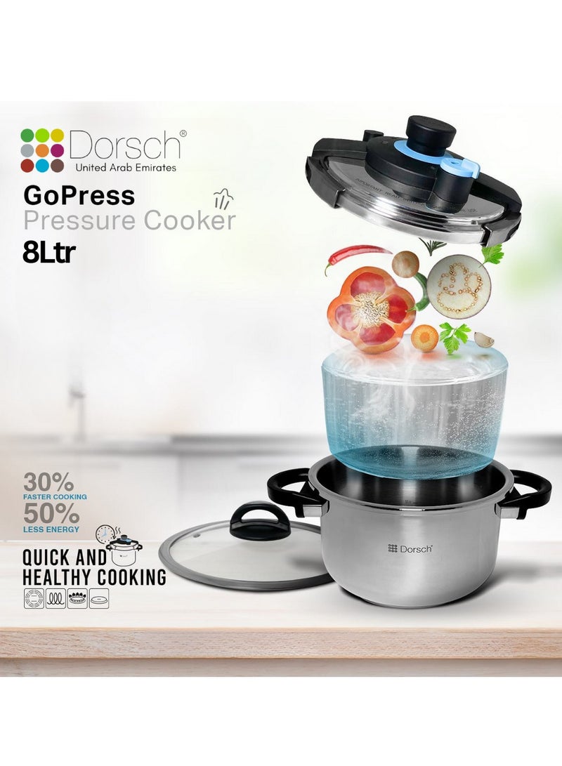 Dorsch 8Liters Danish Design GoPress 18/10 Stainless Steel Pressure Cooker - Induction Compatible, PTFE Free, Dishwasher Safe, Self-Locking Handle, Auto-Pressure Release, Versatile Steamer Basket, Quick Heating, Low & High Pressure Cooking (8 Ltr) Silver - Image 5