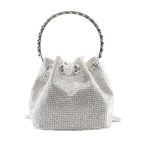 DJBM Ladies Full Diamonds Bucket Handbag Rhinestone Evening Bag Bling Clutch Purse for Women Party Prom Cocktail Wedding, Silver - Image 2
