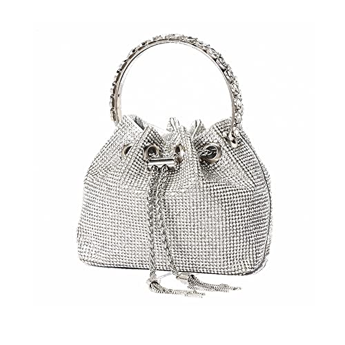 DJBM Ladies Full Diamonds Bucket Handbag Rhinestone Evening Bag Bling Clutch Purse for Women Party Prom Cocktail Wedding, Silver - Image 1