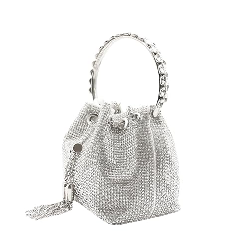 DJBM Ladies Full Diamonds Bucket Handbag Rhinestone Evening Bag Bling Clutch Purse for Women Party Prom Cocktail Wedding, Silver - Image 3
