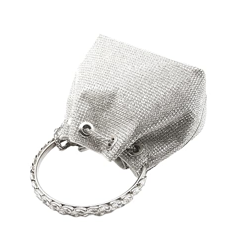 DJBM Ladies Full Diamonds Bucket Handbag Rhinestone Evening Bag Bling Clutch Purse for Women Party Prom Cocktail Wedding, Silver - Image 4