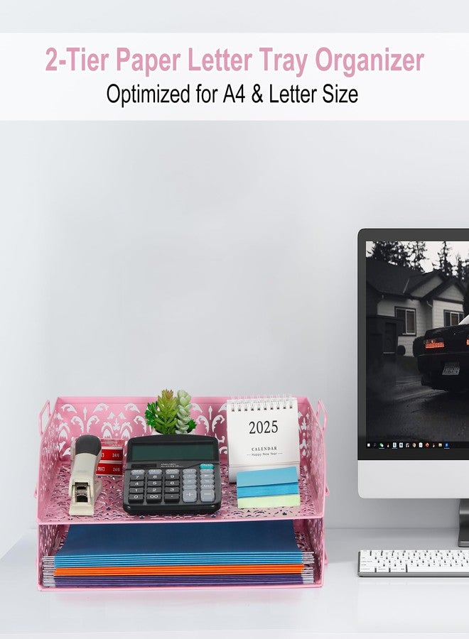 EasyPAG 2 Tier Stackable Letter Tray Desk Organizer Stackable Paper Tray Organizer,Rose Gold - Image 3