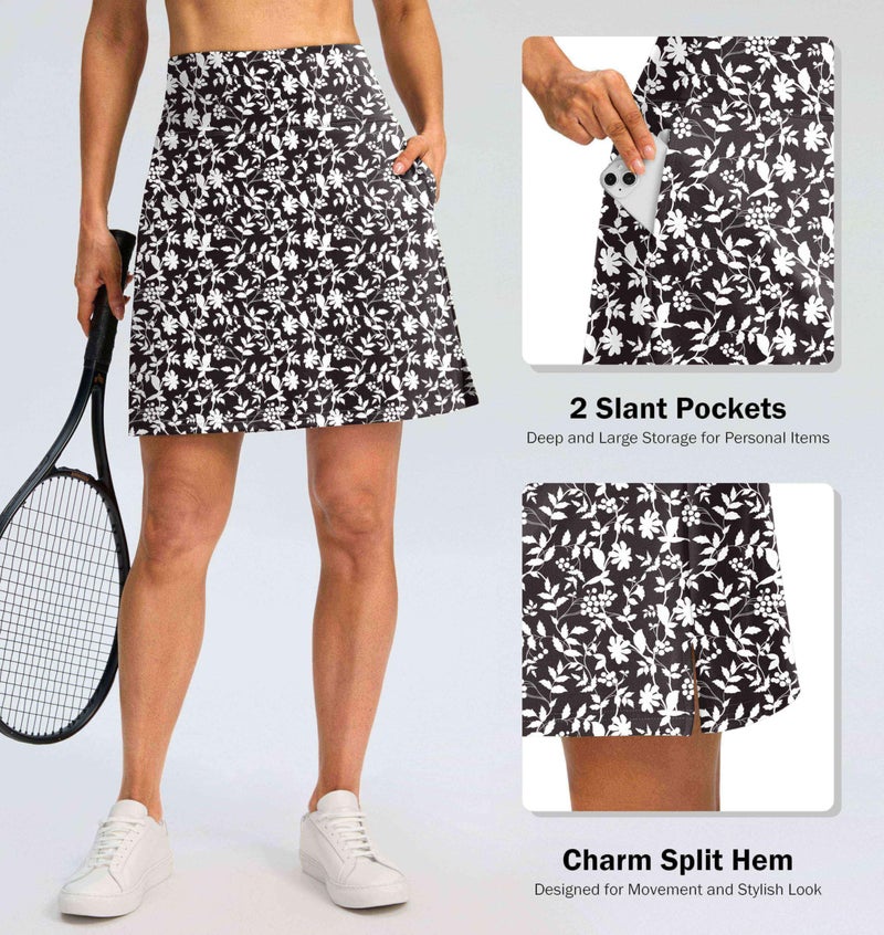 SANTINY 18" Skorts for Women 3 Pockets High Waist Long Athletic Tennis Skirt Golf Skort for Casual Summer Travel (Black Flower_L) - Image 4