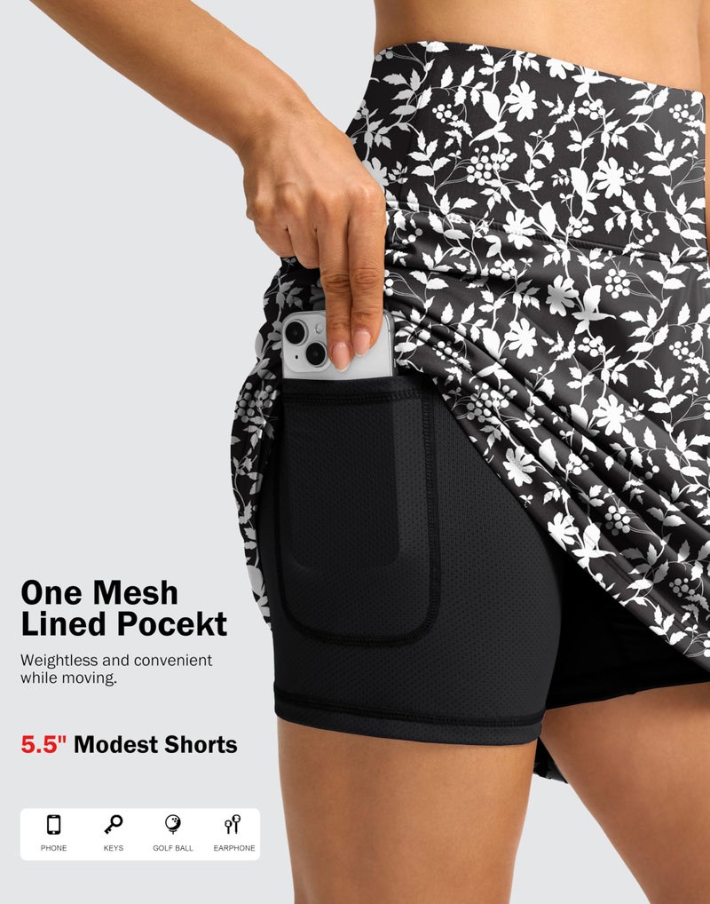 SANTINY 18" Skorts for Women 3 Pockets High Waist Long Athletic Tennis Skirt Golf Skort for Casual Summer Travel (Black Flower_L) - Image 5