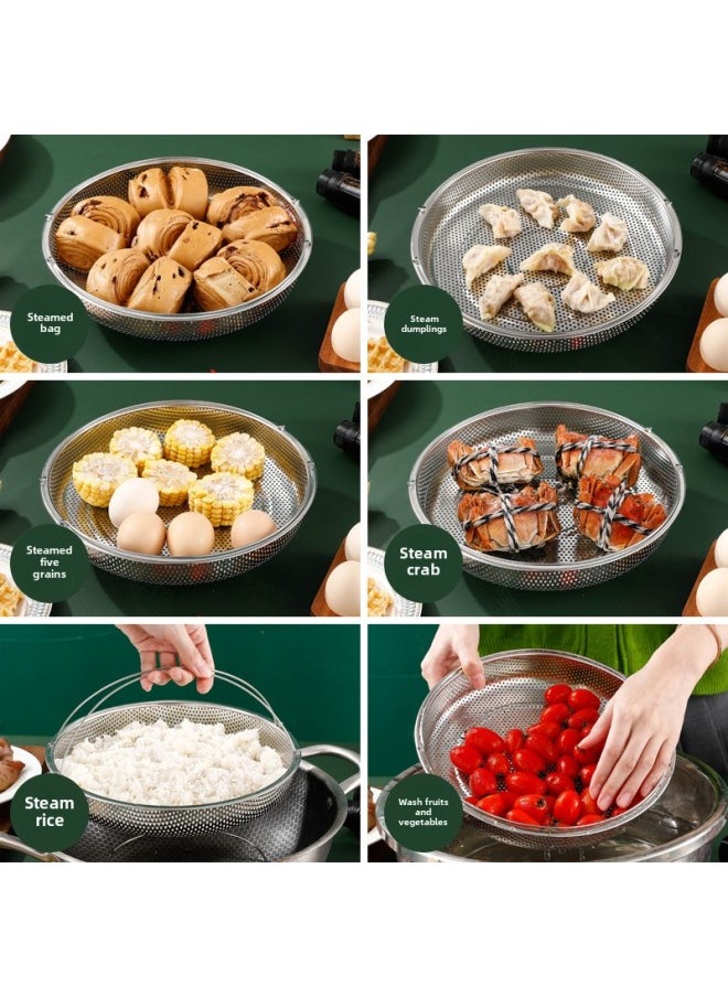 Generic - Stainless Steel Dense Hole Draining Basket Vegetable Washing Basket Steaming Lattice Steaming Cage Rice Cooker Rice Soup Separation Water Resistant Steaming Rack Steaming Drawer-Size:Large Dense Hole Steamer 1 Pack [with Base] (diameter 24.5cm) - Image 1