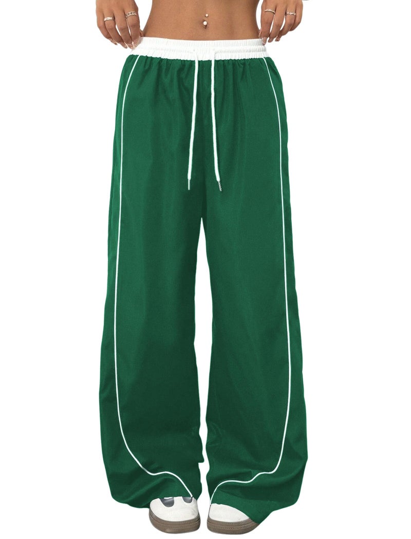 ZAFUL Womens Parachute Pants Y2K Wide Leg Cargo Sweatpants Drawstring Waist Jogger Pants with Pockets Dark Green S - Image 1