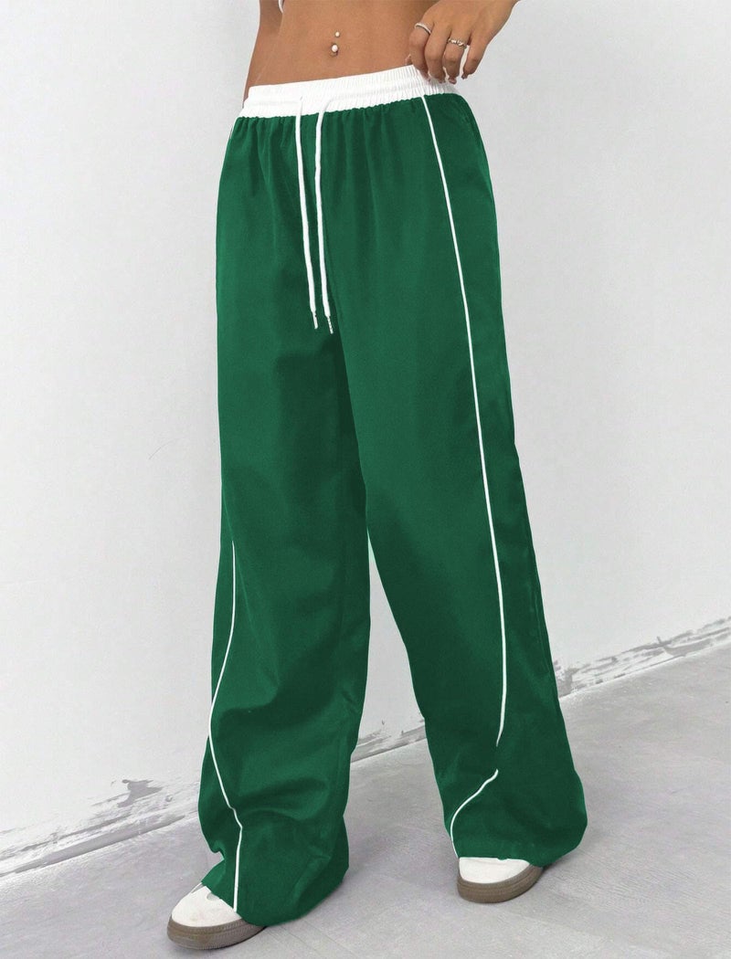 ZAFUL Womens Parachute Pants Y2K Wide Leg Cargo Sweatpants Drawstring Waist Jogger Pants with Pockets Dark Green S - Image 4