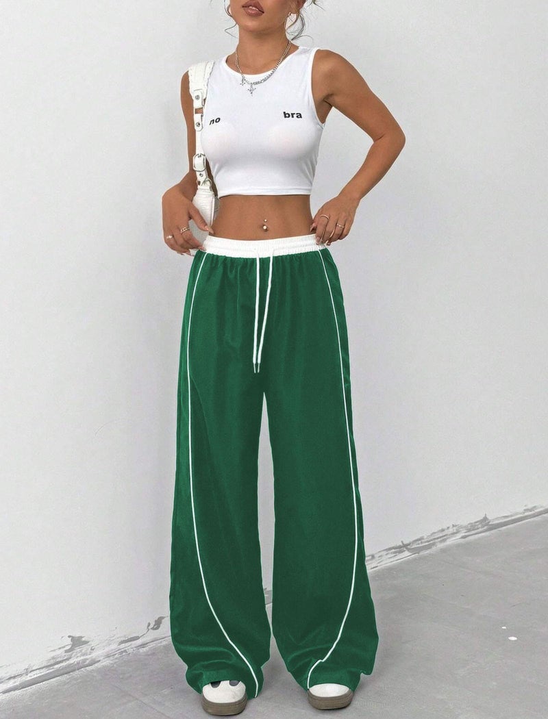 ZAFUL Womens Parachute Pants Y2K Wide Leg Cargo Sweatpants Drawstring Waist Jogger Pants with Pockets Dark Green S - Image 3