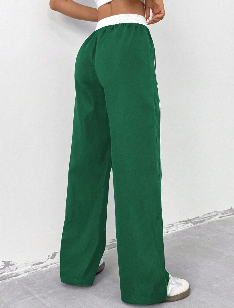 ZAFUL Womens Parachute Pants Y2K Wide Leg Cargo Sweatpants Drawstring Waist Jogger Pants with Pockets Dark Green S - Image 2