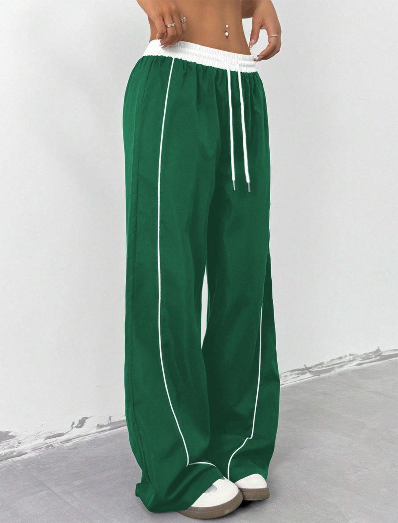 ZAFUL Womens Parachute Pants Y2K Wide Leg Cargo Sweatpants Drawstring Waist Jogger Pants with Pockets Dark Green S - Image 5