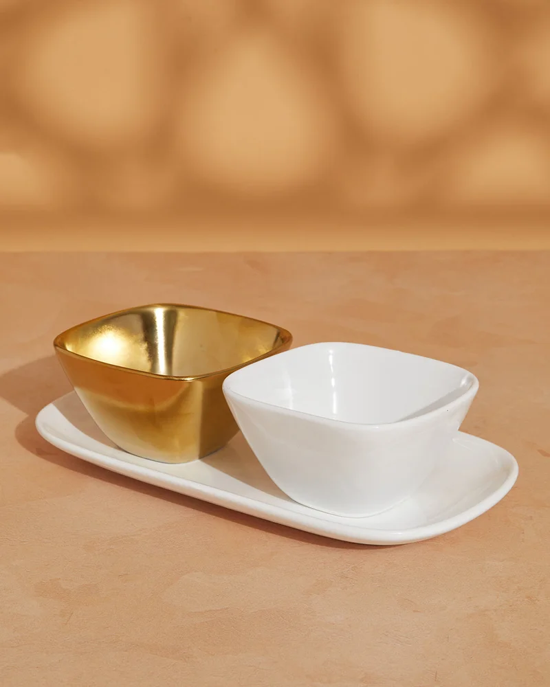 REDTAG White & Square Appetizer Bowl Set with Ceramic Tray (3 Piece)