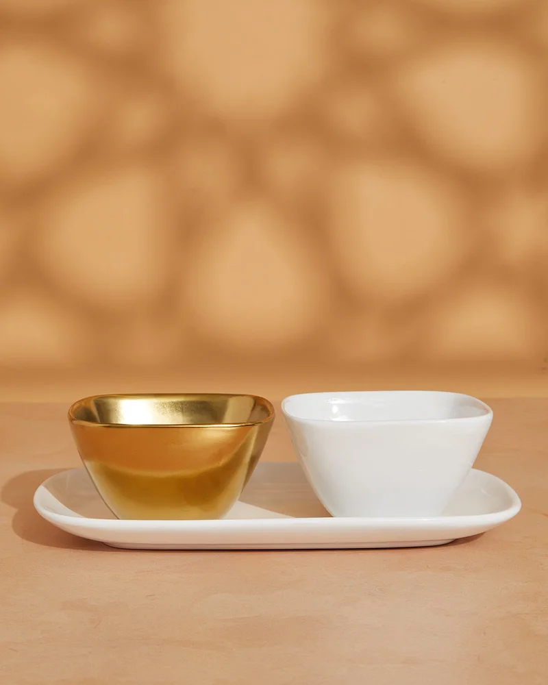 REDTAG White & Square Appetizer Bowl Set with Ceramic Tray (3 Piece)