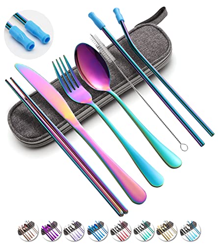 Travel Utensils Set with Case Reusable Portable Cutlery Set Stainless Steel 8pcs Including Dinner Knife Fork Spoon Chopsticks StrawsRainbow