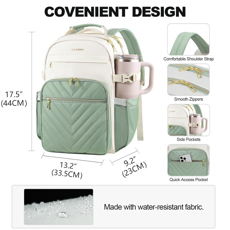 VANKEAN Laptop Backpack for Women with Pouch Pocket for Large Capacity Tumbler, 15.6 Inch Laptop Computer Bag Travel Backpack Purse,Waterproof Work Business College Teacher Bags, Beige-Light Green - Image 4
