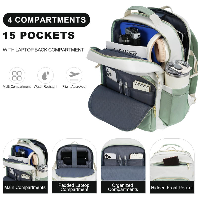 VANKEAN Laptop Backpack for Women with Pouch Pocket for Large Capacity Tumbler, 15.6 Inch Laptop Computer Bag Travel Backpack Purse,Waterproof Work Business College Teacher Bags, Beige-Light Green - Image 3
