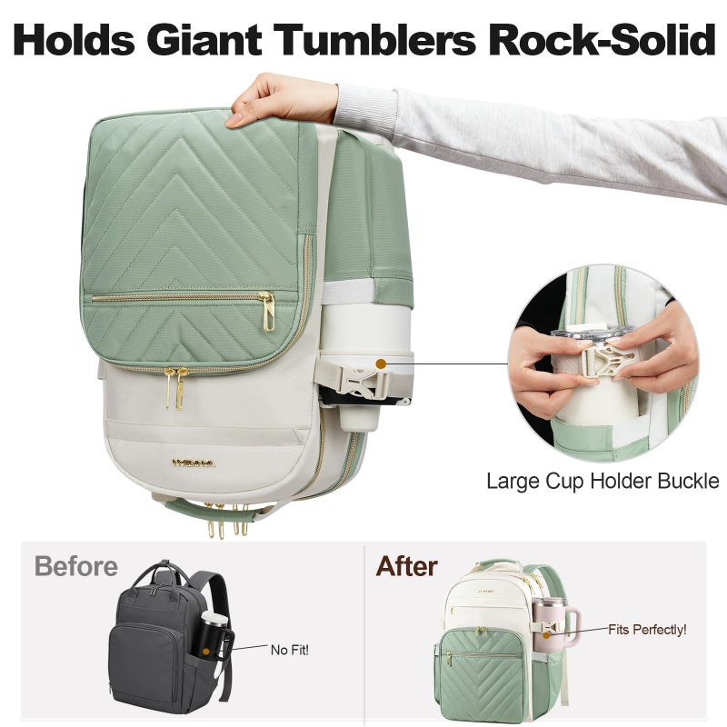 VANKEAN Laptop Backpack for Women with Pouch Pocket for Large Capacity Tumbler, 15.6 Inch Laptop Computer Bag Travel Backpack Purse,Waterproof Work Business College Teacher Bags, Beige-Light Green - Image 2